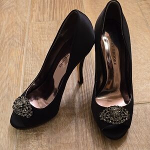 Black Peep-Toe Heels with Embellishment